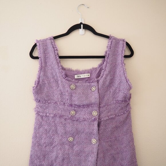 Zara Purple Tweed Sleeveless Mini Dress sz L - Picture 4 of 7